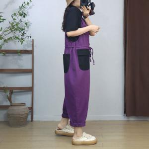 Two Front Pockets Tied Waist Jean Overalls