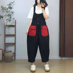 Two Front Pockets Tied Waist Jean Overalls