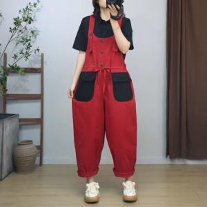 Two Front Pockets Tied Waist Jean Overalls