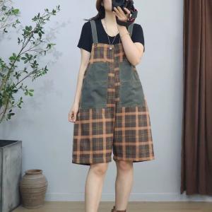 Denim Patched Pocket Tartan Overall Shorts