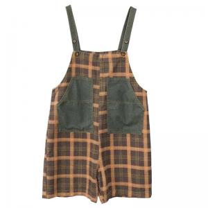 Denim Patched Pocket Tartan Overall Shorts