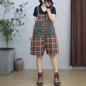 Denim Patched Pocket Tartan Overall Shorts