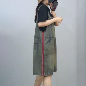 Chest Pocket Red Striped Wide Leg Overall Shorts