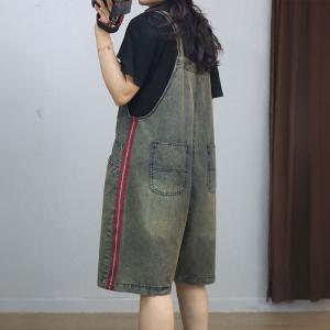 Chest Pocket Red Striped Wide Leg Overall Shorts