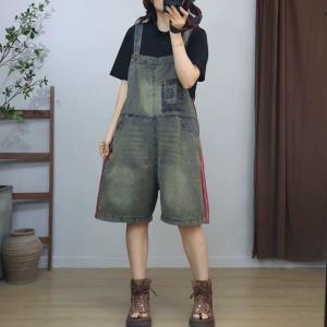 Chest Pocket Red Striped Wide Leg Overall Shorts