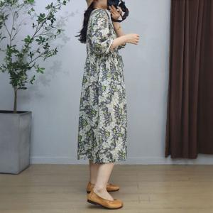Lace Square Collar Tied Waist Ramie Floral Dress