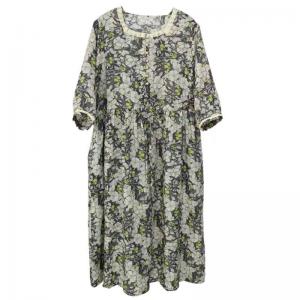 Lace Square Collar Tied Waist Ramie Floral Dress