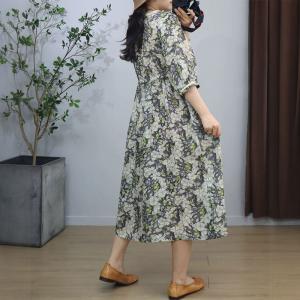 Lace Square Collar Tied Waist Ramie Floral Dress