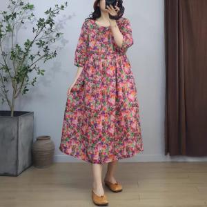 Summer Beach Colorful Flowers Ramie Resort Dress