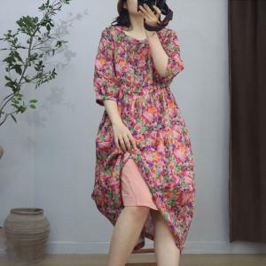 Summer Beach Colorful Flowers Ramie Resort Dress