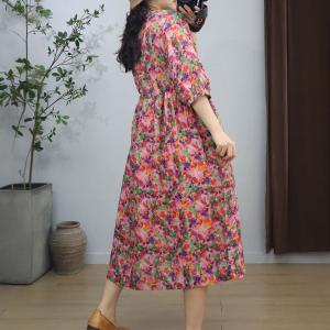 Summer Beach Colorful Flowers Ramie Resort Dress