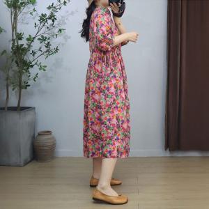 Summer Beach Colorful Flowers Ramie Resort Dress