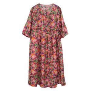 Summer Beach Colorful Flowers Ramie Resort Dress