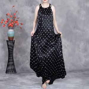 Black Polka Dot Silk Maxi Prom Slip Dress