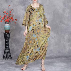 Chinese Frog Buttons Totem Yellow Loose Fitting Dress