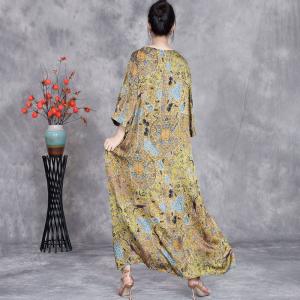 Chinese Frog Buttons Totem Yellow Loose Fitting Dress