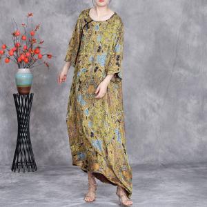Chinese Frog Buttons Totem Yellow Loose Fitting Dress