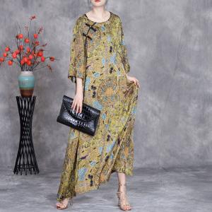 Chinese Frog Buttons Totem Yellow Loose Fitting Dress