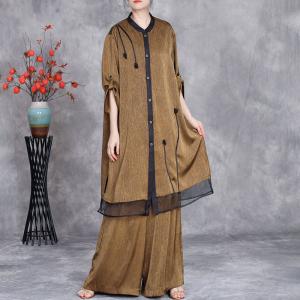 Stereo Applique Silk Tunic Blouse with Wide Leg Pant Sets