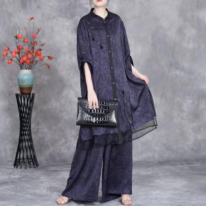 Stereo Applique Silk Tunic Blouse with Wide Leg Pant Sets