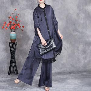 Stereo Applique Silk Tunic Blouse with Wide Leg Pant Sets