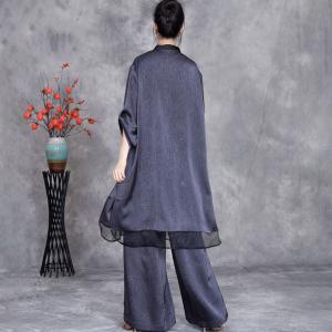 Stereo Applique Silk Tunic Blouse with Wide Leg Pant Sets