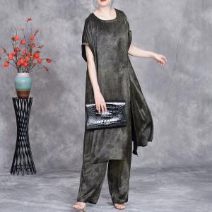Front Slit Silk Tunic Dress with Loose Pant Sets