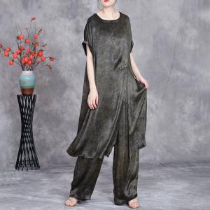 Front Slit Silk Tunic Dress with Loose Pant Sets