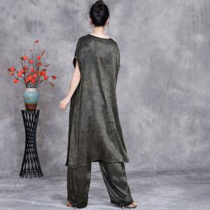 Front Slit Silk Tunic Dress with Loose Pant Sets