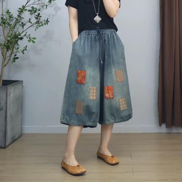 Tartan Patchwork Wide Leg Cropped Jeans