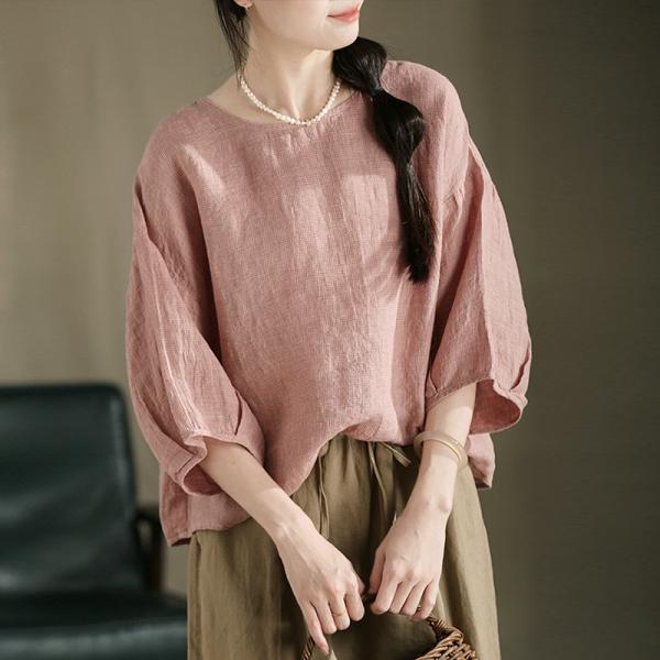 Loose-Fitting Puff Sleeves Linen Blouse