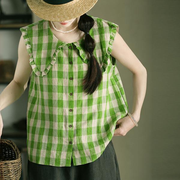 Scallop Collar Green Tartan Linen Vest