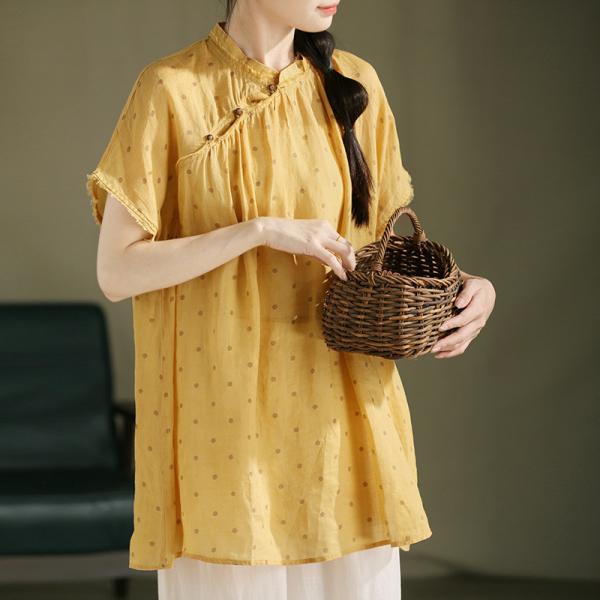 Yellow Polka Dot Ramie Mandarin Collar Tunic