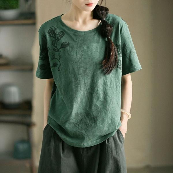 Slub Cotton Crew Neck Printed Dark Green T-shirt