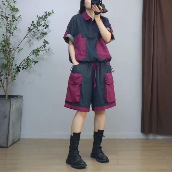 Polo Neck Jean Shirt with Wide Leg Drawstring Shorts