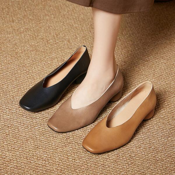 Square Toe Cowhide Chunky Heels Ladies Footwear