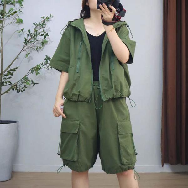 Hooded Short Jacket with Drawstring Cargo Shorts