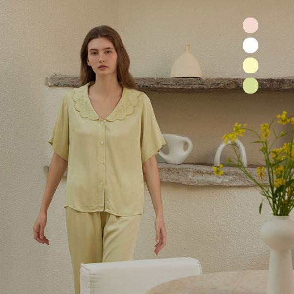 Embroidery Petal Collar Silky Nighties Sets
