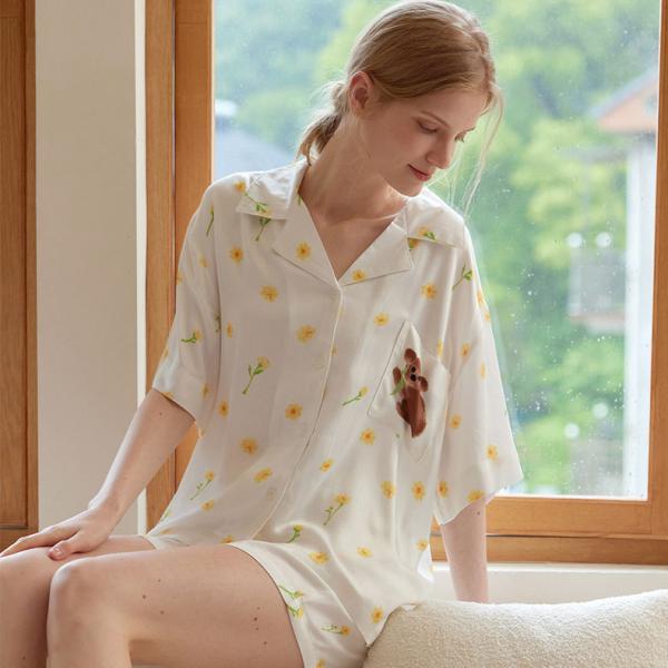 Koala Patterned Pocket Pajamas Shirt with Silky Shorts