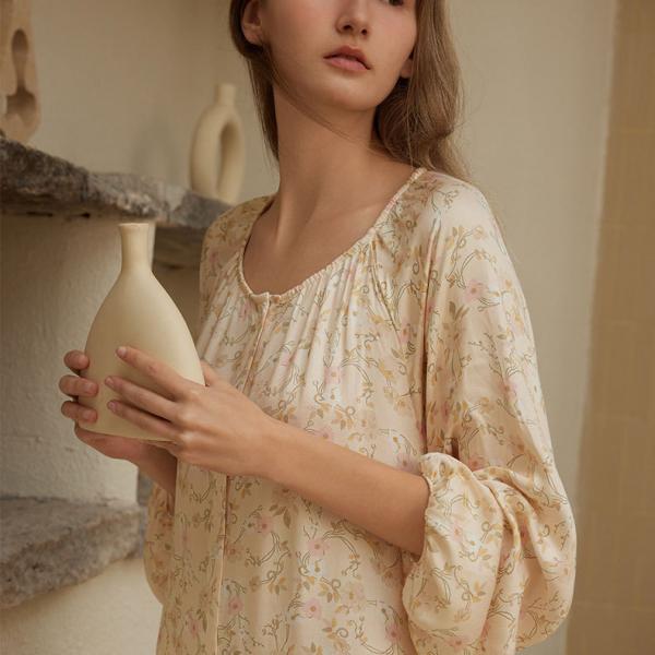 Crew Neck Silk Long Sleeves Floral Night Dress