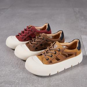 Lace Up Cowhide Hollow Out Wedge Trainers