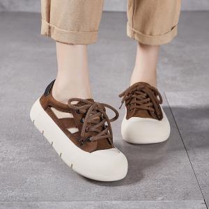 Lace Up Cowhide Hollow Out Wedge Trainers