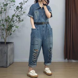 Front Zip Short Sleeves Ripped Jumpsuits