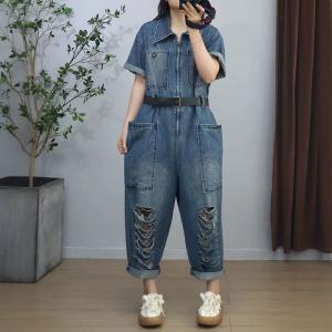 Front Zip Short Sleeves Ripped Jumpsuits