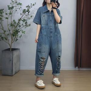 Front Zip Short Sleeves Ripped Jumpsuits