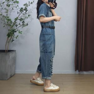 Front Zip Short Sleeves Ripped Jumpsuits