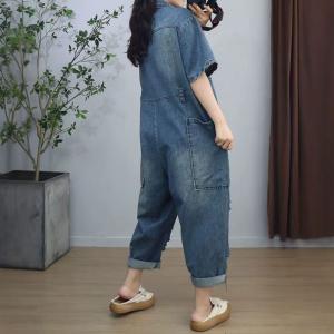 Front Zip Short Sleeves Ripped Jumpsuits