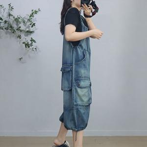 Drawstring Legs Light Wash Baggy Midi Overalls