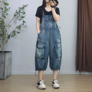 Drawstring Legs Light Wash Baggy Midi Overalls