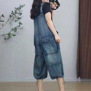Drawstring Legs Light Wash Baggy Midi Overalls